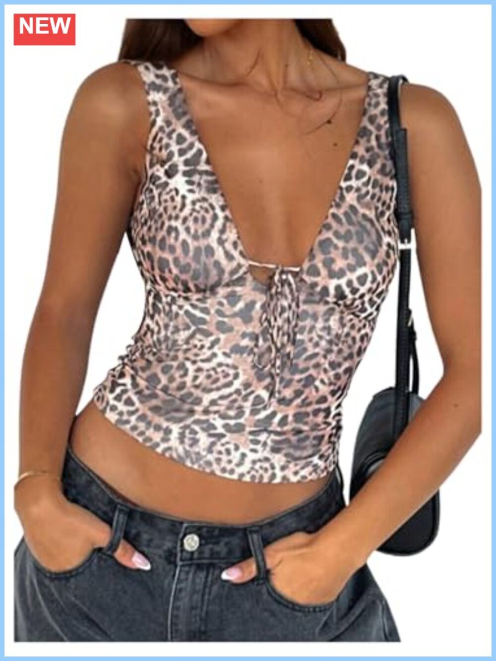 Leopard Print Crop Tank Top Deep V Neck Y2k Sleeveless Slim Fit Women
